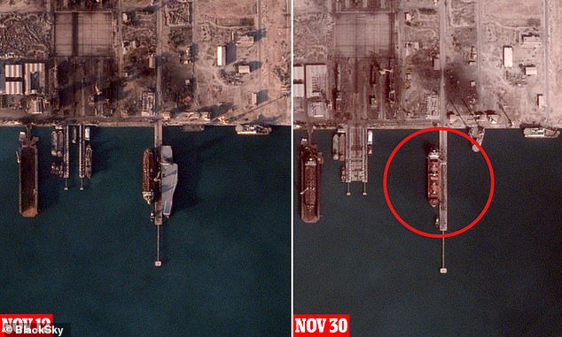 The drone ship Shahid Bagheri was last seen at its berth at the Iran Shipbuilding & Offshore Industries Complex on November 12, but a photo taken 18 days later showed the station empty