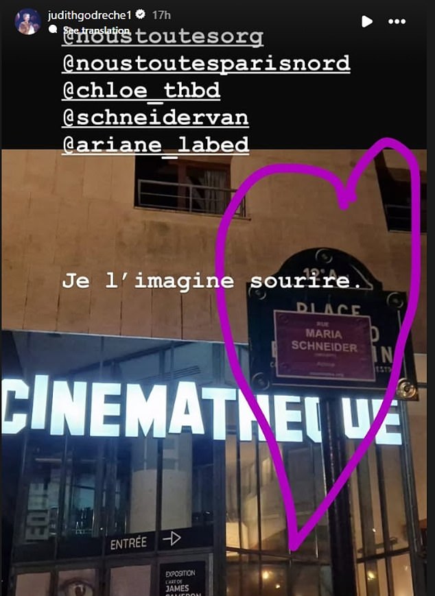 Actress Judith Godreche, a prominent figure in France's #MeToo movement, posted a photo on Instagram showing a sign above the street name where The Cinematheque is located, renaming it after Schneider in protest.