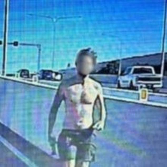 The driver (pictured) of the hatchback, who was wearing nothing but black shorts, got out of the car and walked up to Mr Turnbull's ute carrying what appeared to be a hookah.