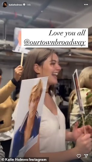 Earlier last week, Suri (pictured) surprised her mother Katie (R) backstage at the Barrymore Theater in Midtown Manhattan by serenading her with a happy birthday along with the cast and crew