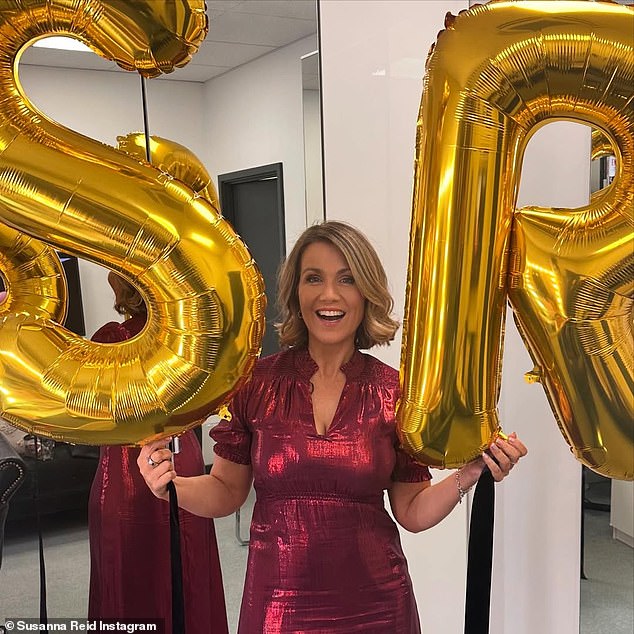 Susanna Reid, 54, cut a glamorous figure in a red metallic dress as she celebrated her 54th birthday in style at the Good Morning Britain studios on Tuesday