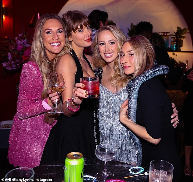 Avignone (R) also recently supported Swift at her own birthday party, an Eras Tour-themed bash hosted by Kelce; They are seen with Chiefs WAG Lyndsay Bell (L) and Brittany Mahomes