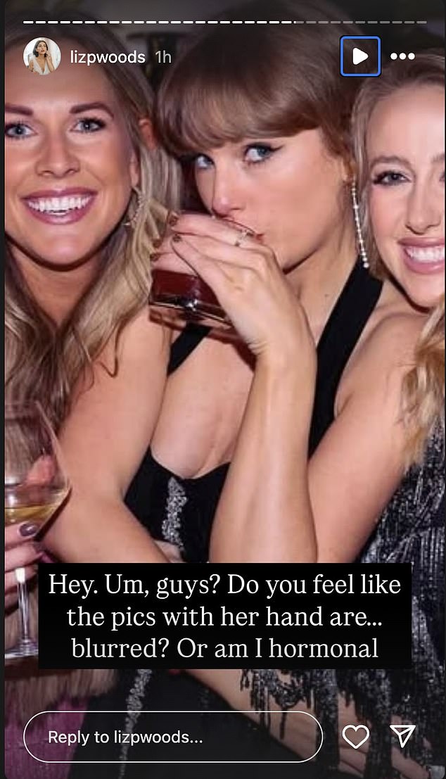 After taking a closer look at the party photos, one fan, who visits @lizpwoods on Instagram, noticed that Swift's left ring finger appeared blurry where a ring would be