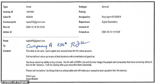 In the photo: the email that Bullard allegedly sent to Capital One's collection agency