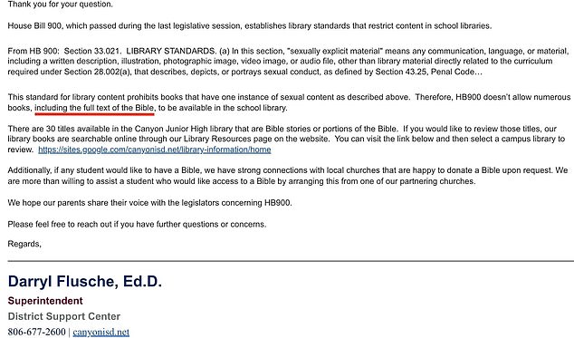 Flusche noted in the leaked email (pictured) that “30 titles” containing “Bible stories” or “portions of the Bible” would remain available at the library. He added that the district has “strong ties with local churches who are happy to donate a Bible upon request” to students interested in obtaining a copy of the text.