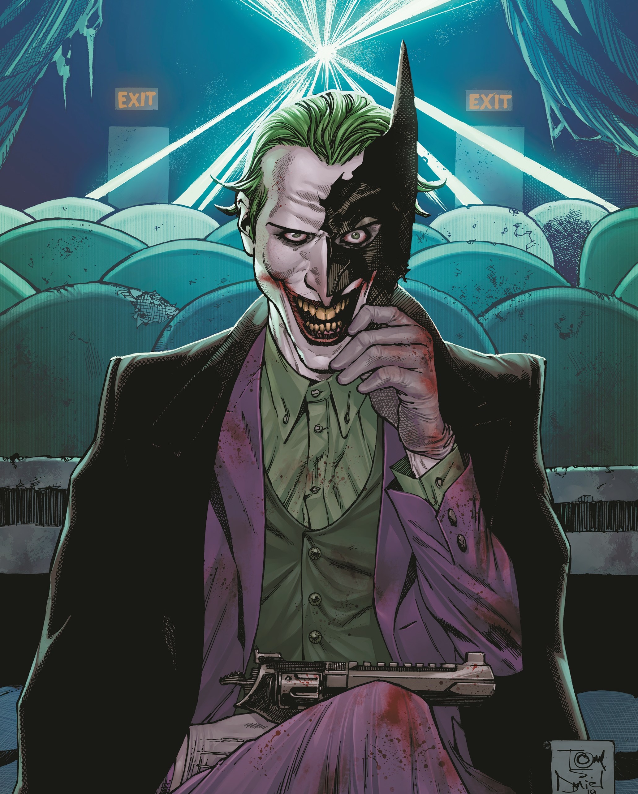 The Joker sits in a movie theater and smiles at the reader through a shattered half of Batman's mask, on the cover of Batman #93, DC Comics (2020).