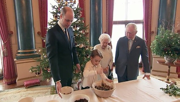 Four generations of the royal family were seen mixing Christmas pudding for armed forces veterans here in 2019