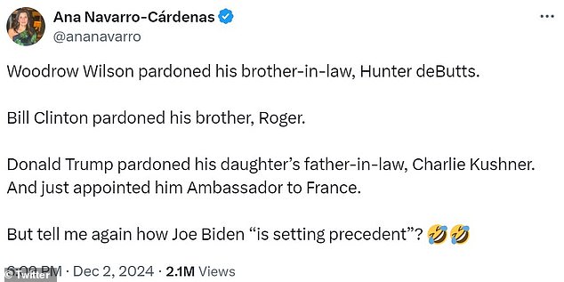 Navarro-Cárdenas, 52, went to X on Monday to defend President Joe Biden and pardon his son, Hunter Biden