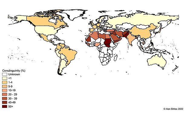 This map, by Professor Alan Bittles, an Australian expert in genomics, shows the number of consanguineous marriages, between cousins, around the world