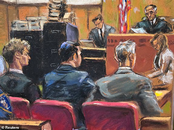 Defendant and former U.S. Marine Daniel Penny, who is accused of killing a homeless man, Jordan Neely, by putting him in a chokehold on the New York City subway, listens as Judge Maxwell Wiley presides over his trial at Manhattan Criminal Court in New York City, USA, December 6, 2024, in this courtroom sketch. REUTERS/Jane Rosenberg