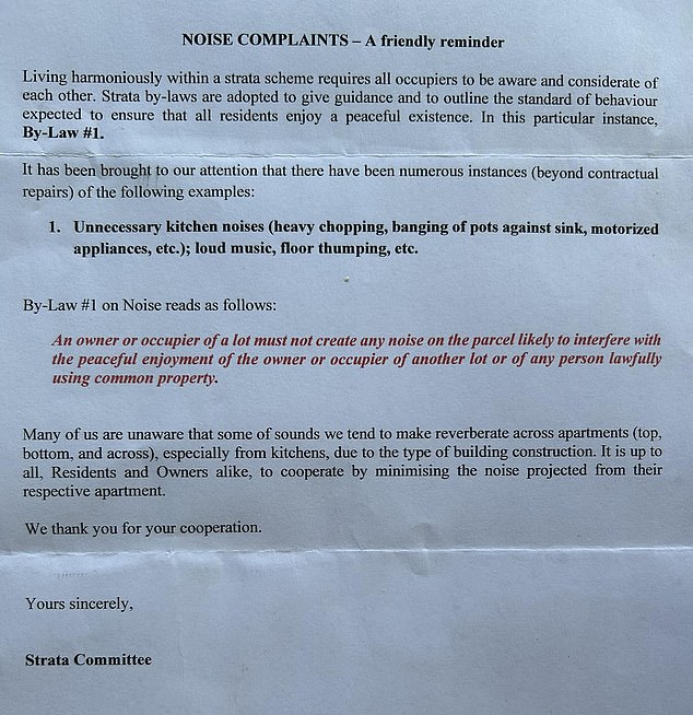 A fed-up tenant has outraged hundreds after sharing his strata committee's latest 'unhinged' memo, urging all residents to 'chop quietly' in their own kitchens