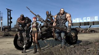 The protagonists of the first Borderlands game for an in-game vehicle.