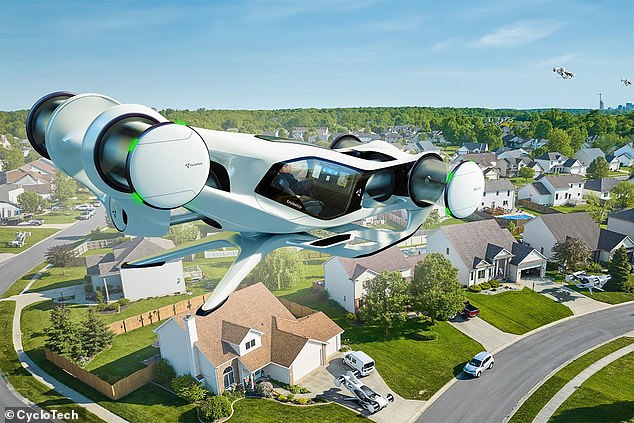 Blackbird – which is being built by Austrian company CycloTech – carries two people as it flies through the air at a speed of up to 120 km per hour. CycloTech imagines a near future where Blackbird and other flying vehicles transport passengers from their homes