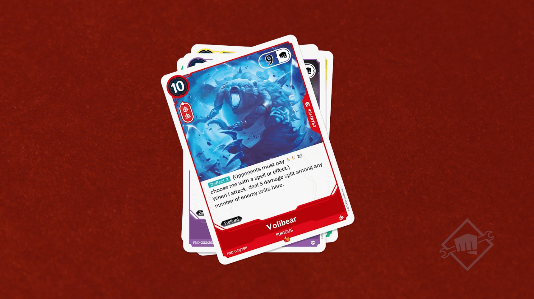 Volibear's 10/9 Champion card in Riot Games' League of Legends TCG, Project K. The text reads: Deflect 2. (Opponents must pay two to choose me with a spell or effect. When I attack, deal 5 damage, distributed to a random number of enemy units here.