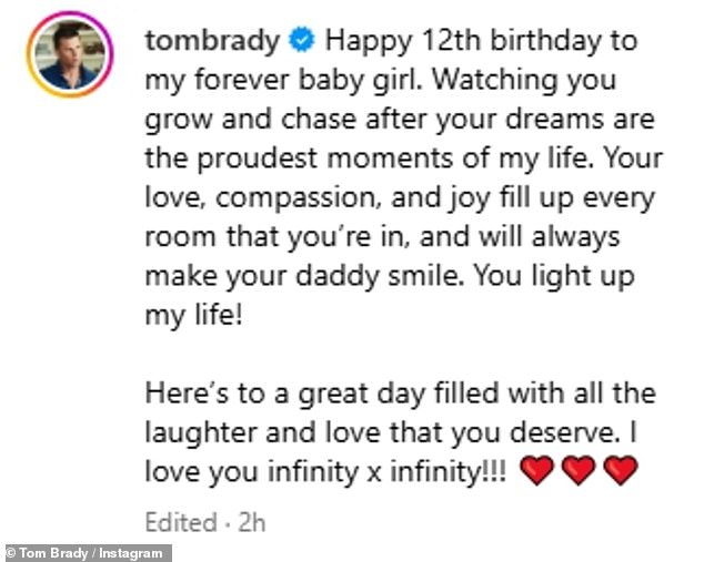 Tom Brady wished his daughter Vivian a happy 12th birthday on Thursday, December 5