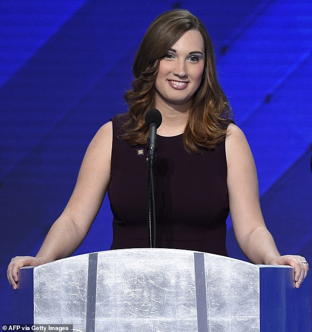 Mace, a South Carolina Republican, is campaigning to ban transgender lawmaker Sarah McBride (pictured) from using the women's restrooms around Congress