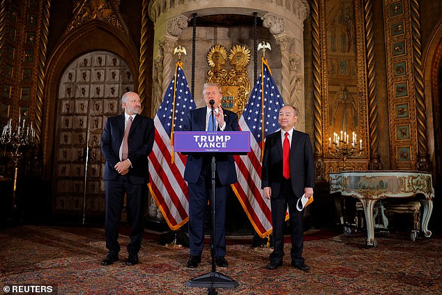 The tech CEO (right) announced the creation of 100,000 American jobs in artificial intelligence and related infrastructure