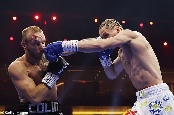 RIYADH, SAUDI ARABIA – DECEMBER 21: Daniel Lapin punches Dylan Colin during the IBF International Light Heavyweight fight between Daniel Lapin and Dylan Colin as part of Oleksandr Usyk v Tyson Fury 2, Reignited card at Kingdom Arena on December 21, 2024 in Riyadh , Saudi Arabia Arabia. (Photo by Richard Pelham/Getty Images)