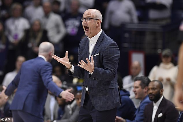 Connecticut Huskies head coach Dan Hurley reacts in the first half against Baylor on Wednesday