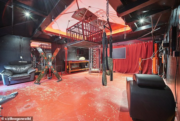 A sultry red and black room with leather couches, a sex swing and a sign that says 'BDSM' has piqued the interest of X users