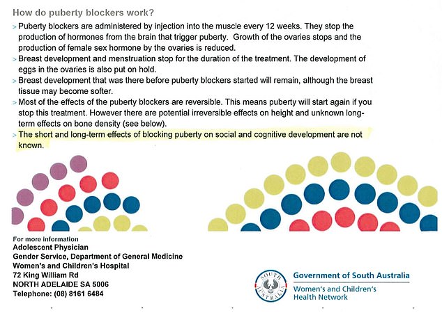 A fact sheet produced by the South Australian government warns that taking puberty blockers such as Lucrin can have irreversible effects and the risks are still not fully understood