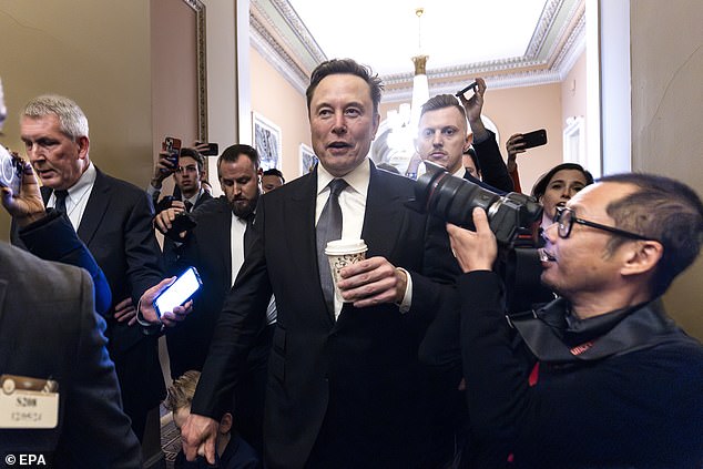 Elon Musk, President Donald Trump's pick to lead the newly created Department of Government Efficiency (DOGE), departs to meet with the next Senate Majority Leader John Thune at the US Capitol in Washington, DC, US, December 5, 2024