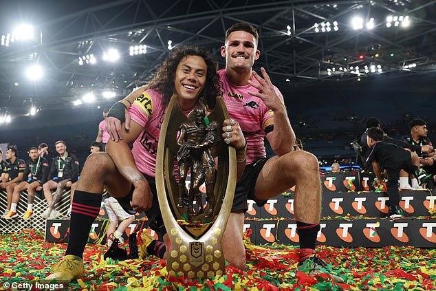 Luai and Cleary first played footy together as teenagers at Penrith before going on to dominate the NRL (pictured, after winning the 2024 grand final)