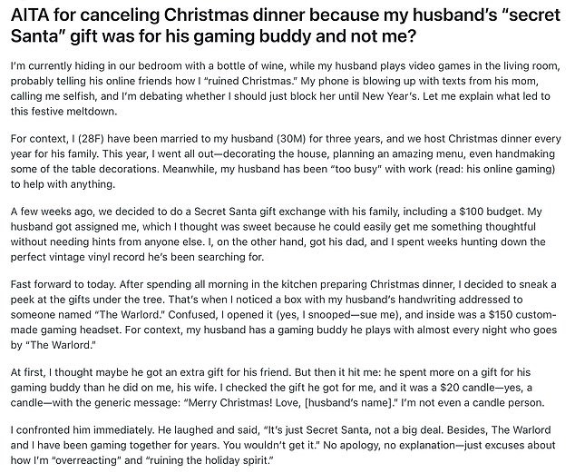 The unnamed 28-year-old woman took to Reddit to explain the situation