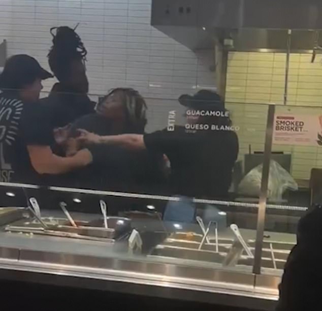 She pushes workers aside as she piles food into the bowl and shakes off screaming staff as they try to intervene. An employee tried to grab the bowl from her arms, but the woman pulled him away and hit him in the face, sending the food flying over the counter