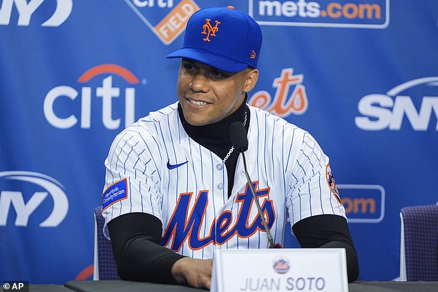 New York Mets prized acquisition Juan Soto at his press conference at Citi Field on December 12 after agreeing to an MLB-record $765 million, 15-year contract