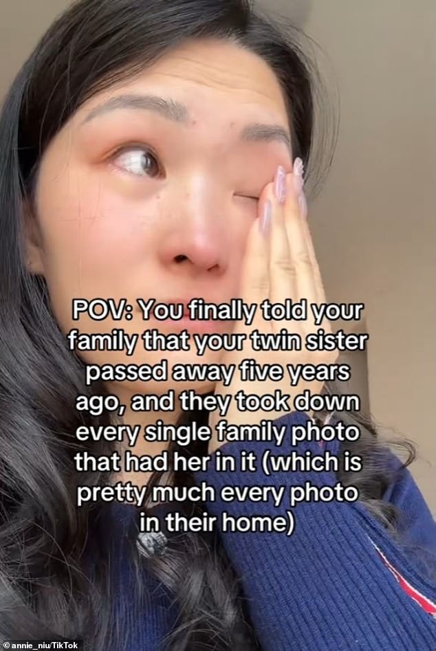 Annie Niu, 34, a lifestyle and food influencer, took to TikTok on Friday to finally reveal to some of her family that she had been pretending to be her late twin sister for five years - which was originally her own father's idea