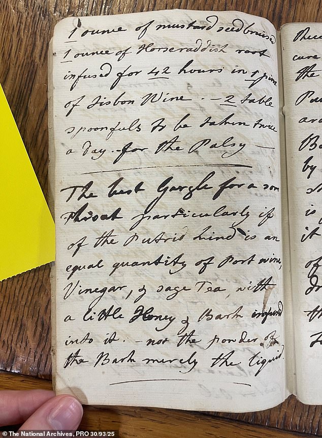 An 18th-century remedy for sore throat, written in a notebook by Scottish aristocrat Lady Augusta Murray (pictured), suggests gargling with a combination of vinegar and port