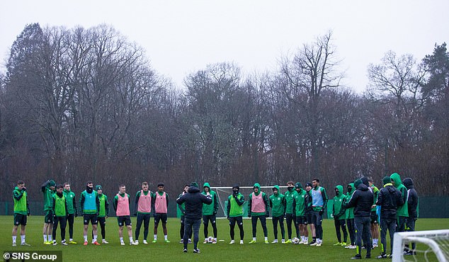 Rodgers speaks to his Celtic side ahead of the Old Firm derby at Ibrox on Tuesday