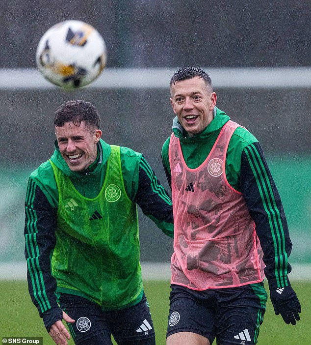 The Celtic squad, led by my skipper Callum McGregor (right), were in good spirits during training