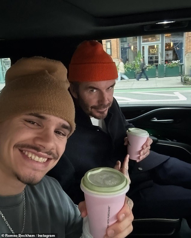 The son of David and Victoria Beckham shared the gallery of photos that gushed over his family ahead of the New Year, including one of himself and the former footballer picking up hot drinks