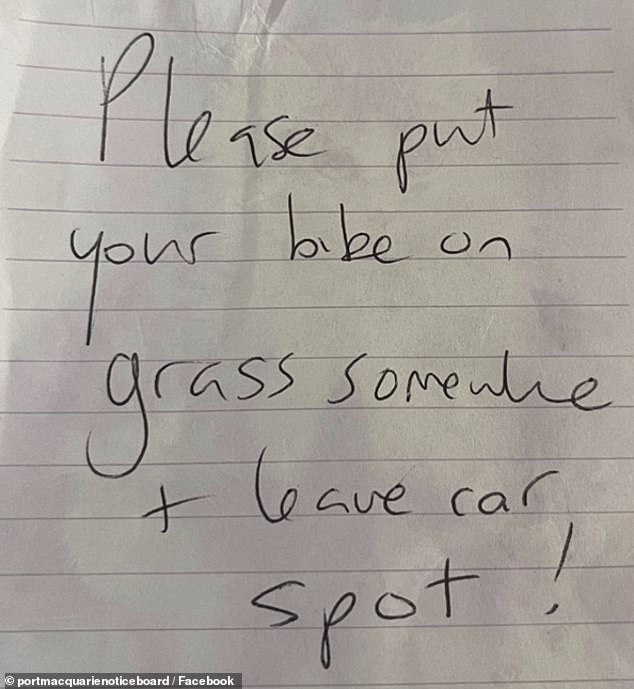 A short, handwritten note was left on Diane Lawrence's two-wheeled transport during an early morning visit to Shelly Beach, in Port Macquarie on the New South Wales north coast.