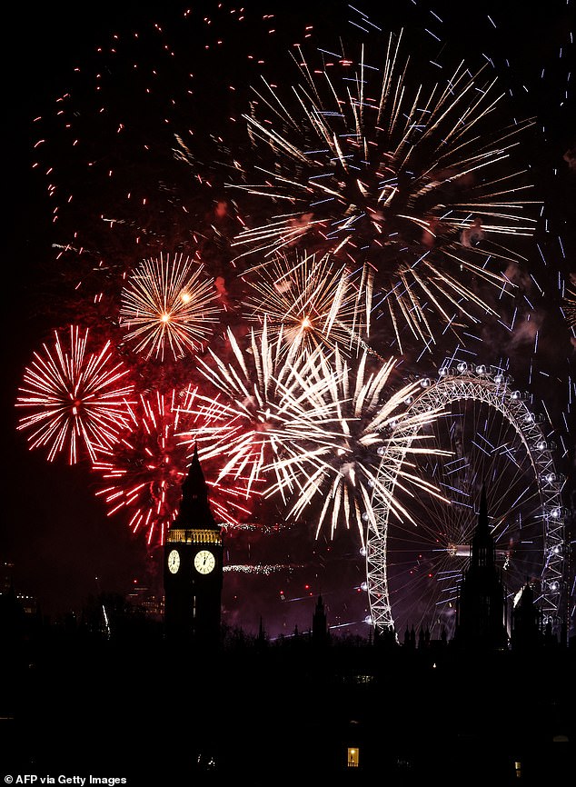 Fireworks explode in the sky around the London Eye and the Elizabeth Tower, commonly known by the name of the clock, 'Big Ben', at the Palace of Westminster, home to the Houses of Parliament, in central London, just after midnight on January 1, 2025