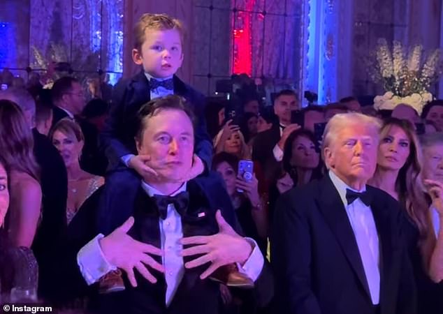 The battle over H-1B visas divided the Magaverse, with Trump (right) siding with tech billionaire Elon Musk (left), whom he publicly asked to be at Tuesday night's party. Musk did indeed arrive with his son X in tow