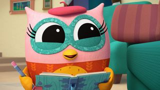 A screenshot from the Apple TV Plus show Eva the Owlet featuring an animated pink owl