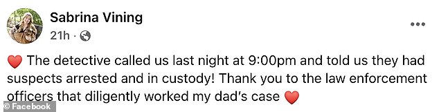 Sabrina Vining, one of Clifford's two daughters, has been very vocal about the investigation on social media. She posted on Facebook Tuesday evening to thank police for 