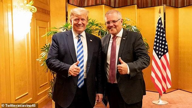 Donald Trump (left) and Scott Morrison (right) both give a thumbs up during one of their many previous rallies