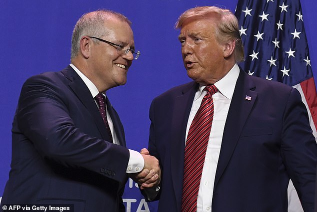 Mr Morrison's premiership coincided with Mr Trump's first presidency from 2018 to 2021. They are pictured in Ohio in September 2019.