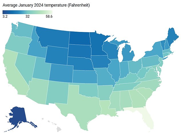 The above map shows the temperature by state in January 2024. Many states had an average temperature below freezing