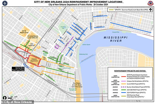 Pictured: Map of the New Orleans Department of Public Works' Bourbon Street Bollard Assessment & Replacement Project