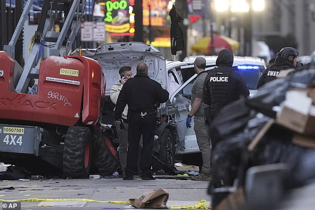 The horror unfolded around 3:15 a.m. local time on Wednesday when the vehicle, which appeared to be a Ford SUV (pictured), drove into the crowd.