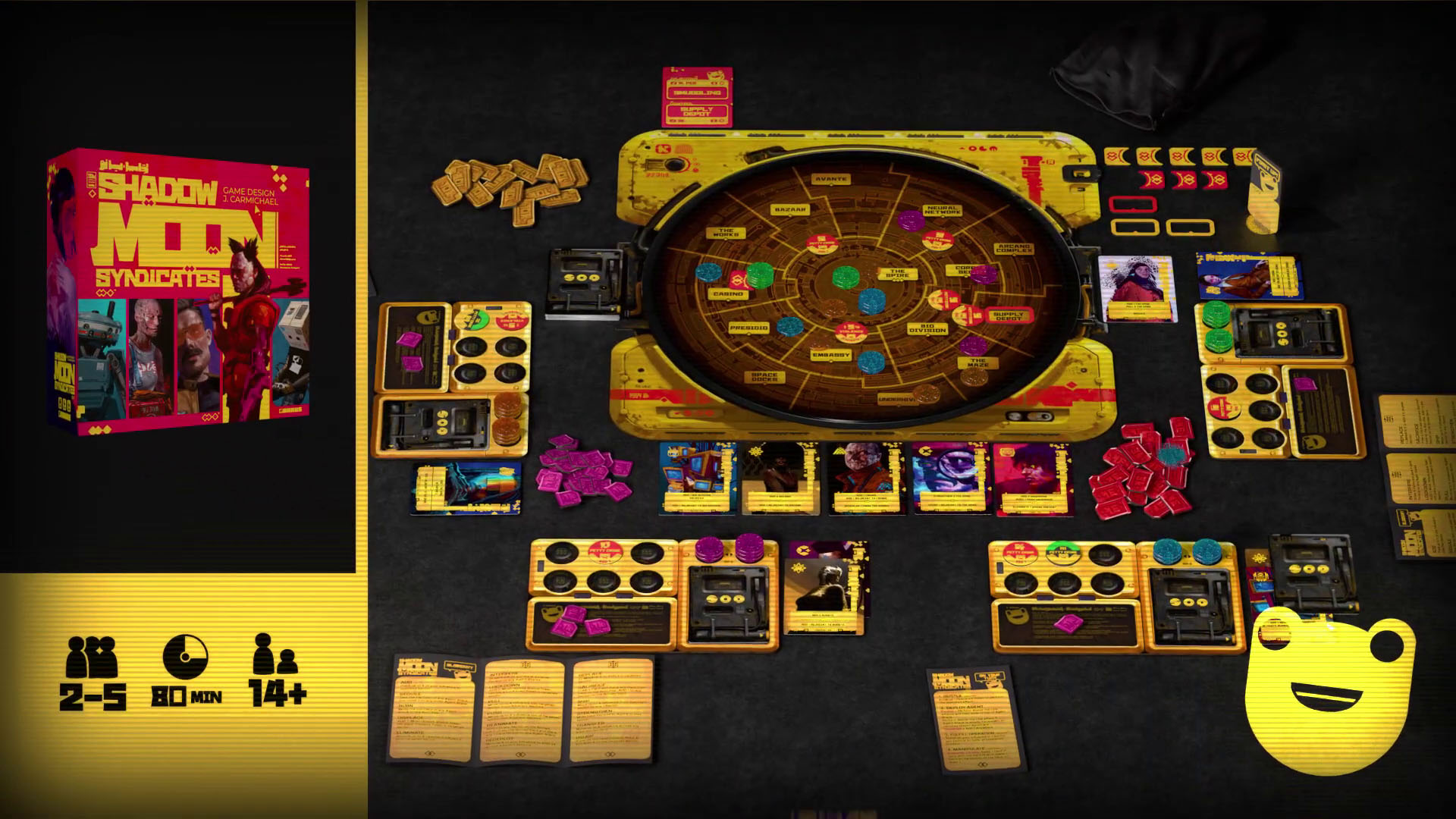 Shadow Moon Syndicate, with lots of yellow and magenta tones, placed on the table to play. The central board is a circle, with rectangular cards elsewhere.