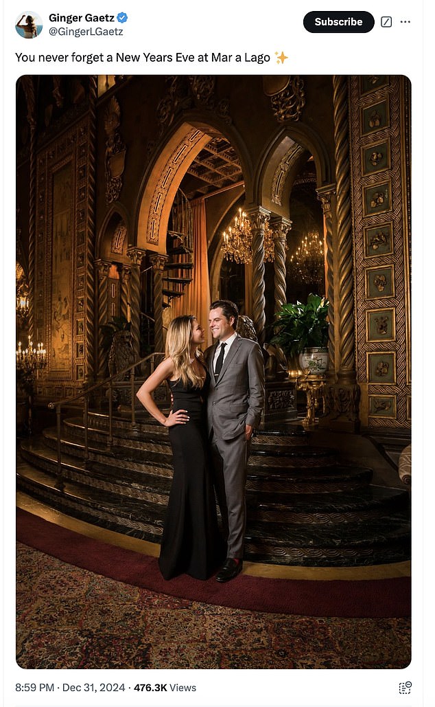 Ginger Gaetz, the wife of former Rep. Matt Gaetz, posted a photo suggesting the couple was at Mar-a-Lago but did not walk the red carpet. She later posted something suggesting she was watching the New Year's Eve festivities on TV