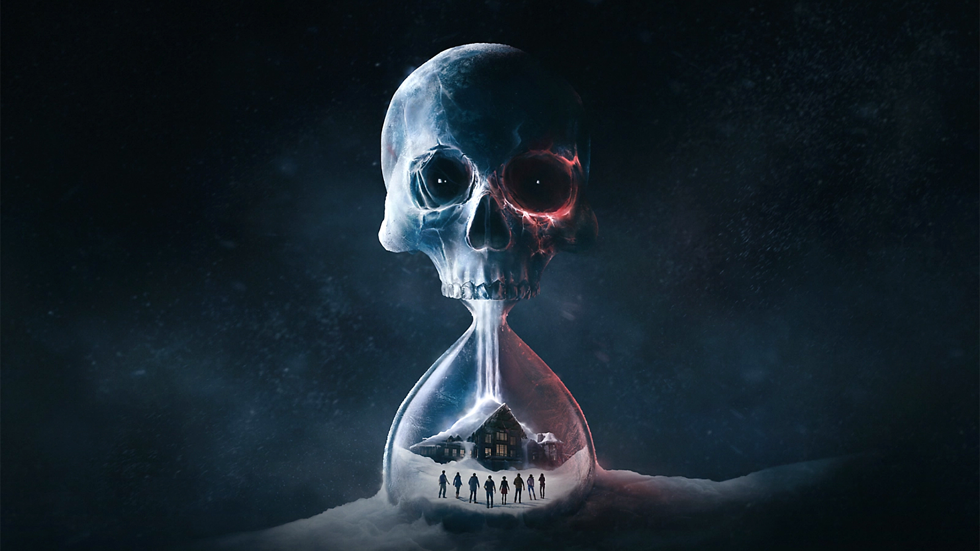 Artwork from Until Dawn featuring a skull-shaped hourglass with eight characters walking towards a snow-covered hut inside