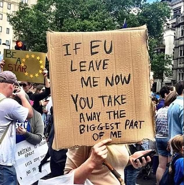 In one of her previous posts, Meghan takes a photo of a protester after the Brexit vote. Their cardboard sign reads: 'If the EU leaves me now, you will take away most of me'