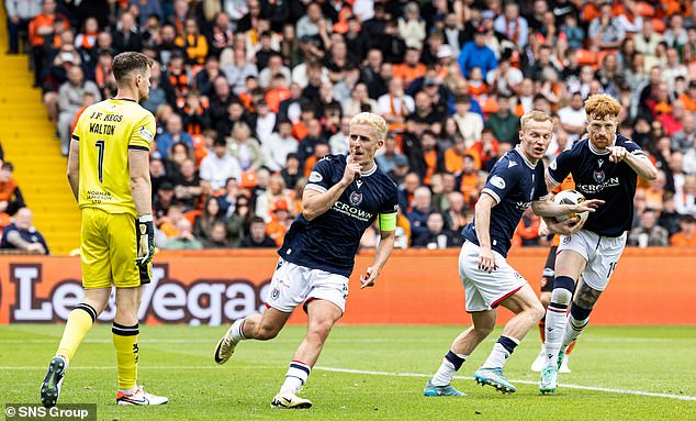 Luke McCowan celebrates after scoring an equalizer from the spot in a 2-2 draw this season